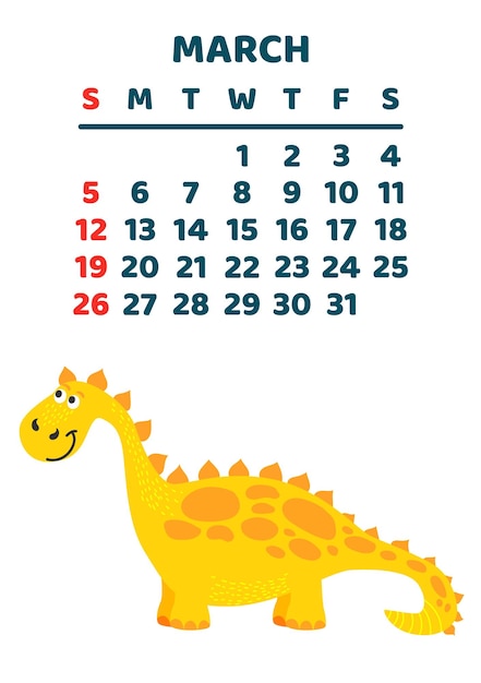 Simpatico modello di calendario di dinosauri per bambini serie marzo