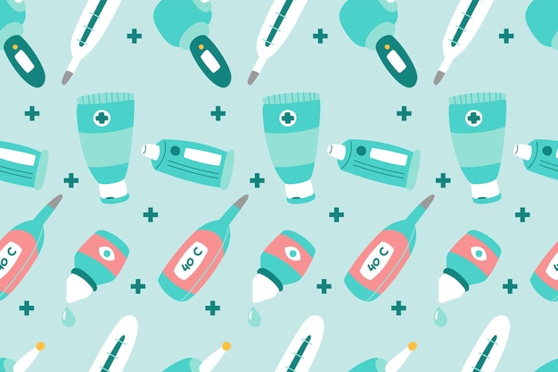Simpatico motivo medico senza cuciture Abbigliamento perfetto per bambini Tessile di cartone animato alla moda per la scuola materna Ospedale Clinica Wrapping Collage Drug Pharmacy Emergency Doctor Print Vector Illustrations