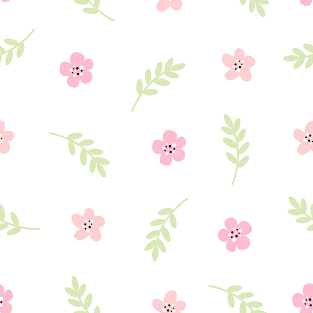 Simpatico motivo senza cuciture con piccoli fiori rosa e foglie in colori pastello Illustrazione vettoriale