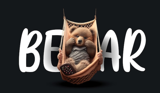 Simpatico orsacchiotto in amaca di corda Divertente illustrazione affascinante di un orsacchiotto su uno sfondo nero Stampa per i tuoi vestiti o cartoline Illustrazione vettoriale