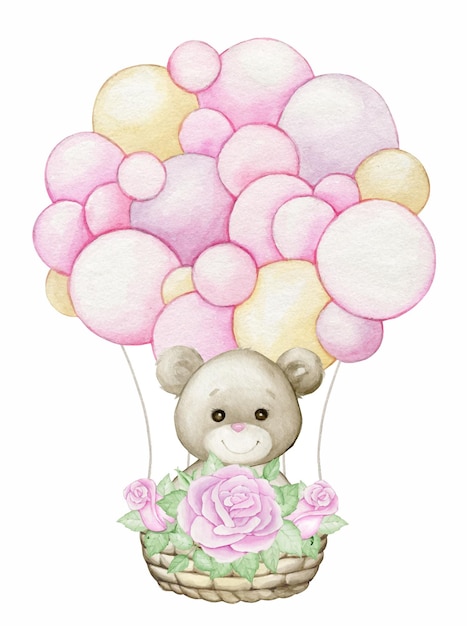 Simpatico orsacchiotto in un cesto di palloncini con un bouquet di fiori rosa Clipart in stile cartone animato acquerello su uno sfondo isolato
