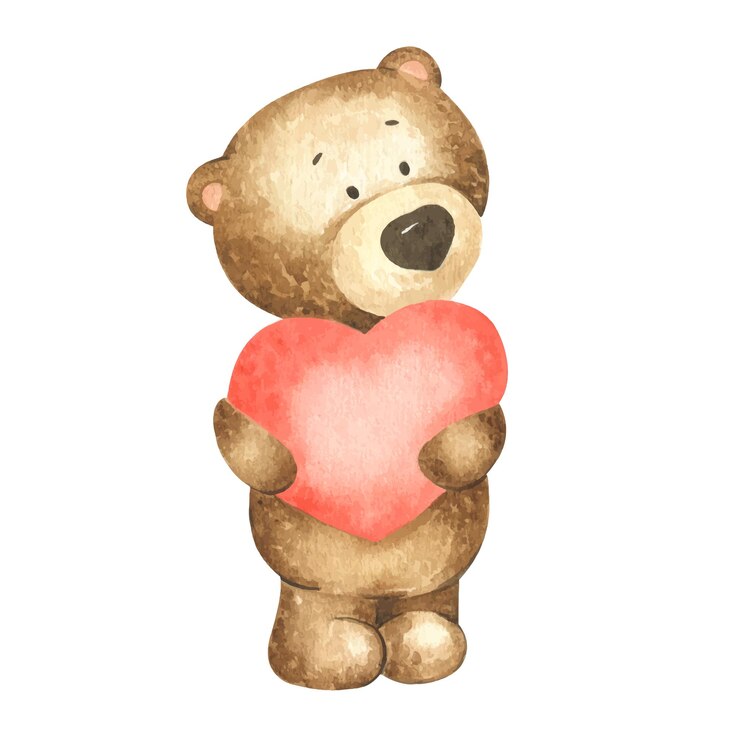 Simpatico orsetto bruno che tiene un cuore rosso Illustrazione ad acquerello