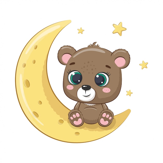 Simpatico orso bambino seduto sulla luna. illustrazione per baby shower, cartolina d'auguri, invito a una festa, stampa t-shirt abiti moda.