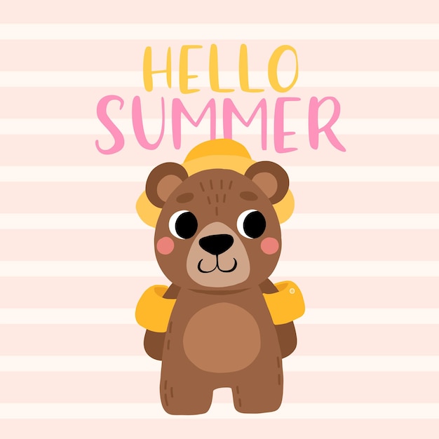 Simpatico orso bruno cartone animato in cappello Illustrazione vettoriale estiva per t-shirt con poster di libri per bambini Ciao estate