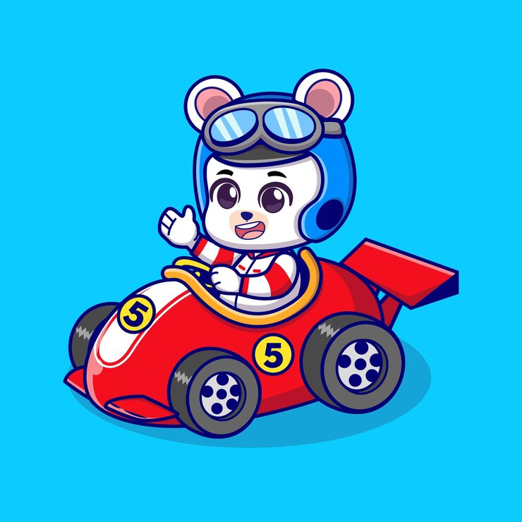 Simpatico orso che guida un'auto da corsa fumetto icona vettore illustrazione
