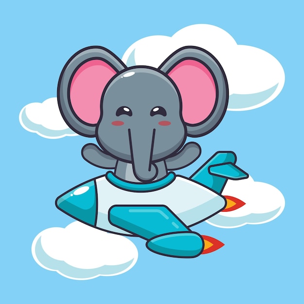 simpatico personaggio dei cartoni animati della mascotte dell'elefante giro sul jet dell'aereo