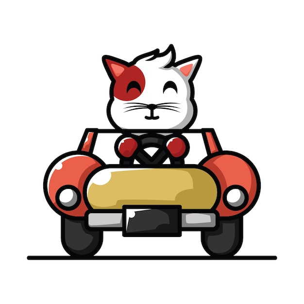 Simpatico personaggio dei cartoni animati mascotte illustrazione vettoriale un gatto sta guidando un'auto