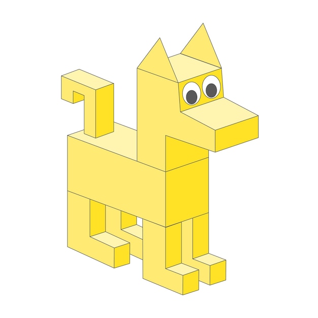 Simpatico personaggio del cane 3D in stile pixel su sfondo bianco Elemento di cane piatto geometrico per il gioco 3d