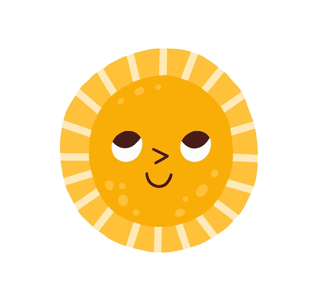 Simpatico personaggio del sole con una faccia sorridente felice e occhi buffi. Disegno per bambini in stile doodle. Alba estiva. Illustrazione vettoriale grafica piatta colorata infantile isolata su sfondo bianco.