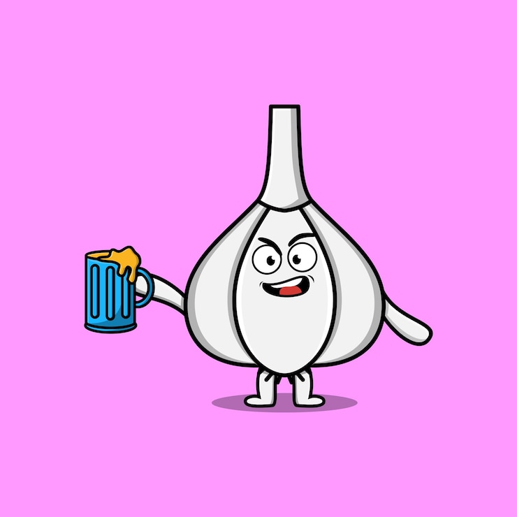 Vettore simpatico personaggio della mascotte dei cartoni animati di aglio con bicchiere di birra e illustrazione piatta dal design elegante e carino