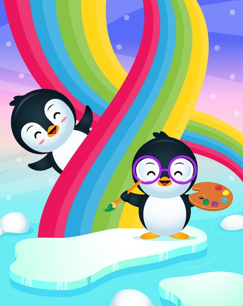 Simpatico pinguino che dipinge arcobaleno con pinguino felice