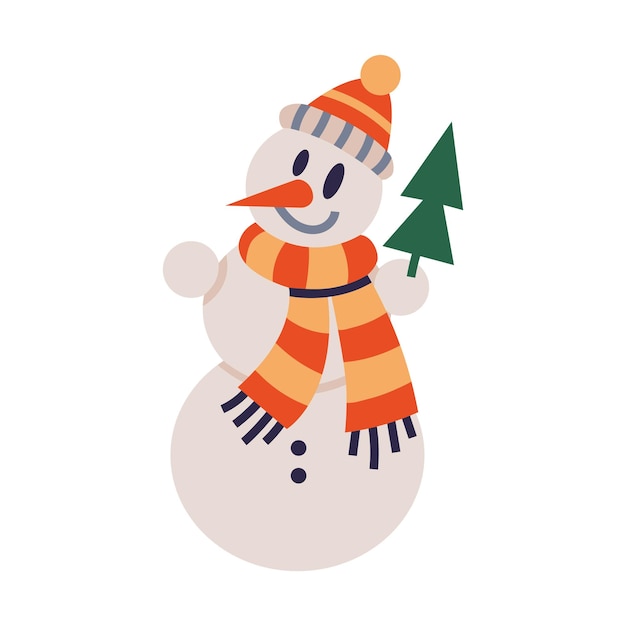 Simpatico pupazzo di neve in stile cartoon con sciarpa e cappello. Illustrazione vettoriale moderna e alla moda isolata su sfondo bianco dal design piatto disegnato a mano