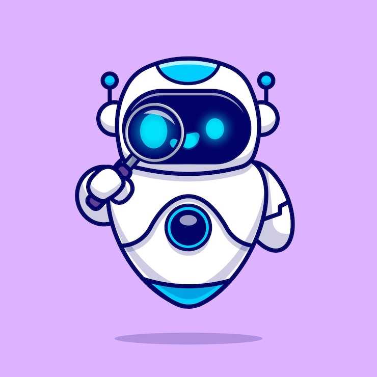 Vettore simpatico robot che tiene la lente d'ingrandimento dell'icona del vettore del fumetto. tecnologia scientifica isolata