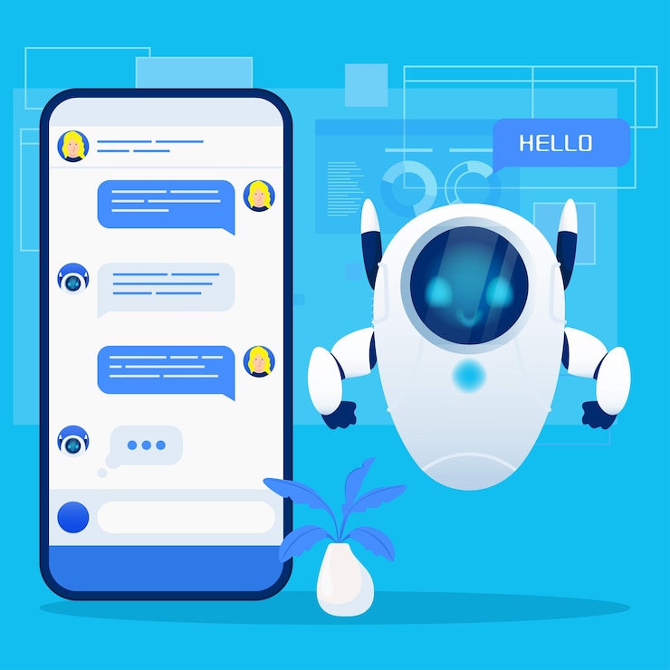 Vettore simpatico robot di chat, chatbot, mascotte del personaggio con smartphone su sfondo blu