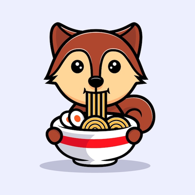 Simpatico scoiattolo che mangia carattere mascotte ramen