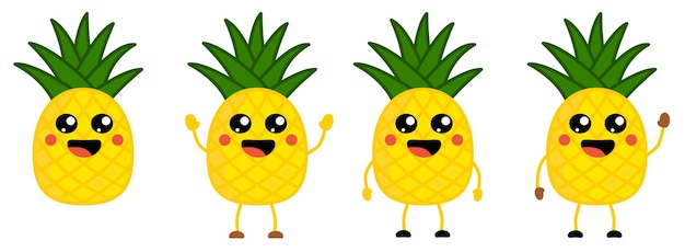 Simpatico stile kawaii Icona di frutta ananas, occhi grandi, sorridente con bocca aperta. Versione con le mani alzate, abbassate e sventolanti.