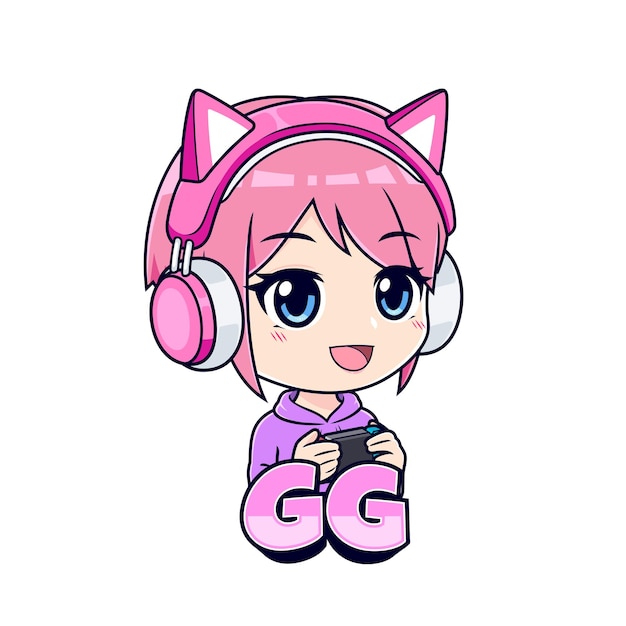 Simpatico vettore del logo della mascotte del fumetto della ragazza del giocatore di anime