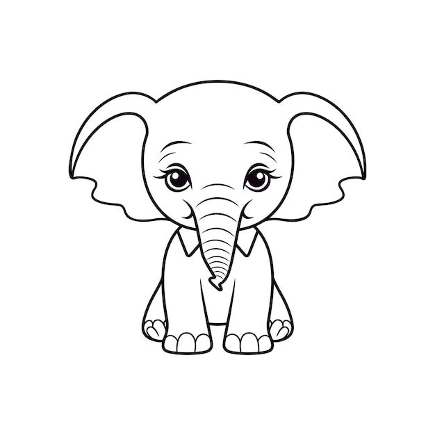 Simpatico vettore di schizzo del contorno dell'elefante del bambino Illustrazione lineare disegnata a mano Silhouette monocromatica per