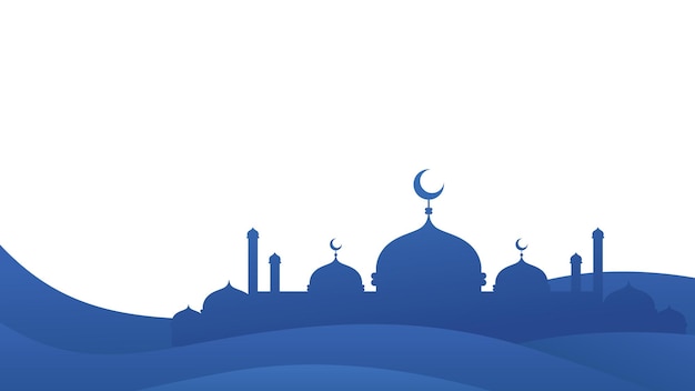 Simple Blue Mosque Silhouette Illustrazione con Wave Design Copy Space