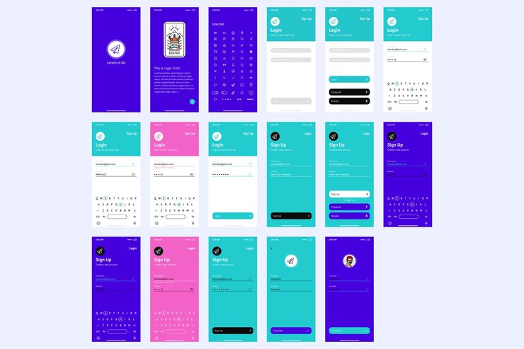 Vettore simple vector wireframe ui kit per l'accesso e la registrazione