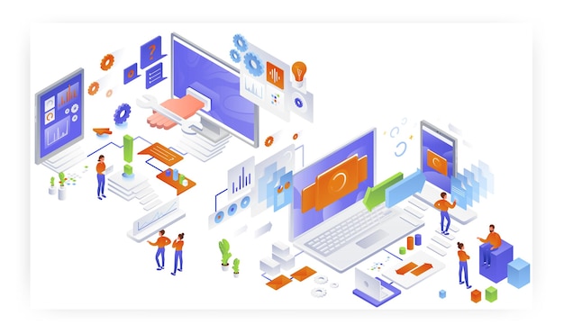 Sincronizzazione dati assistenza clienti servizio informatico assistenza tecnica illustrazione isometrica vettoriale