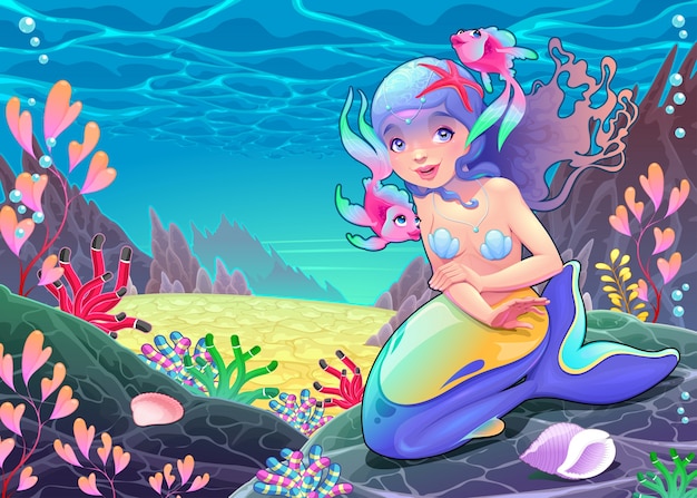 sirena cartone animato divertente nell'illustrazione vettoriale paesaggio marino