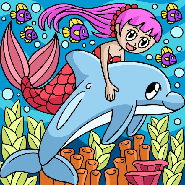 Sirena Cavalcando In Un Cartone Animato Delfino Colorato