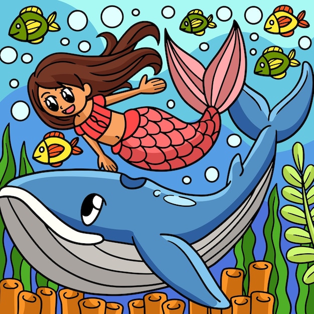 Sirena Con L'illustrazione Del Fumetto Colorato Di Balena