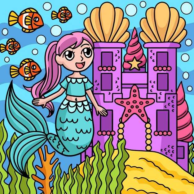Sirena Di Fronte Al Castello Colorato Cartone Animato