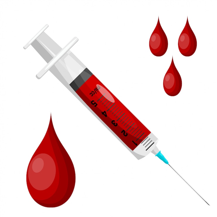 Vettore siringa e una goccia di sangue su sfondo bianco. isolato. siringa monouso in plastica con un ago per iniezione e una goccia di sangue. stile cartone animato illustrazione vettoriale