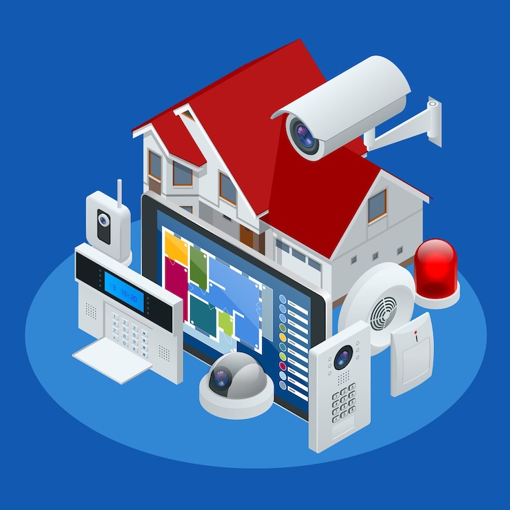 Vettore sistema di allarme isometrico domestico. sicurezza domestica. tastiera di allarme di sicurezza con persona che inserisce il sistema. accesso, zone di allarme, illustrazione vettoriale del pannello del sistema di sicurezza