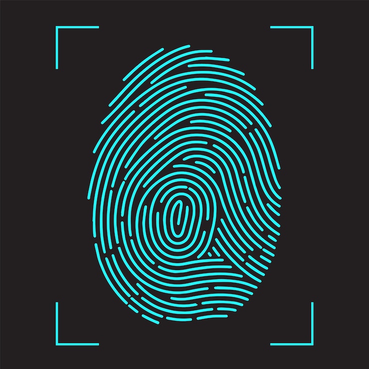 Vettore sistema di identificazione a scansione di impronte digitali. autorizzazione biometrica e concetto di sicurezza aziendale. illustrazione vettoriale in stile piatto