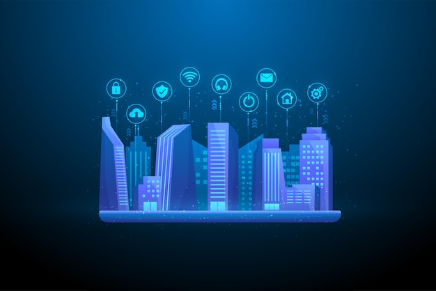 Sistema di rete Internet Smart City sul telefono. Internet delle cose con edifici tecnologici icona.
