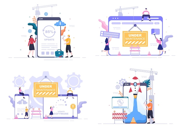 Sistema Software In Manutenzione Illustrazione Vettoriale. Sito Web di errore, sviluppo e aggiornamento di pagine Web su applicazione mobile per modello di poster