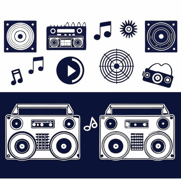 Sistema stereo musicale retro Boombox con altoparlanti e icone audio
