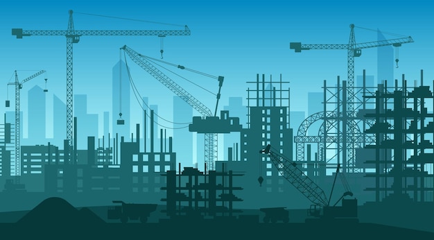 Sito di costruzione silhouette moderne dello skyline della città di cornici in acciaio per grattacieli