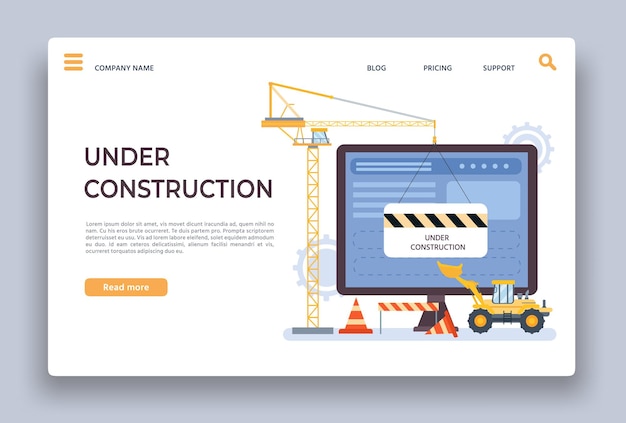 Sito in costruzione. Pagina di destinazione del sito in via di sviluppo con gru, barriera bulldozer. Modello di vettore del processo di lavoro di costruzione di pagine Web. Manutenzione sito web illustrazione, pagina internet in corso