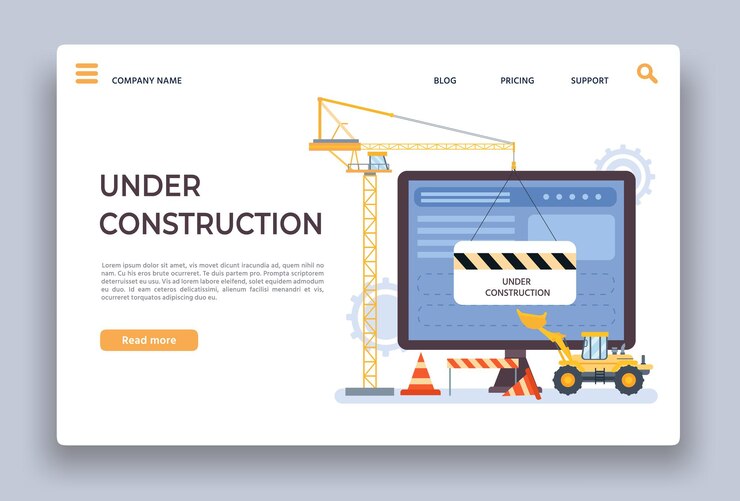 Vettore sito in costruzione. pagina di destinazione del sito in via di sviluppo con gru, barriera bulldozer. modello di vettore del processo di lavoro di costruzione di pagine web. manutenzione sito web illustrazione, pagina internet in corso