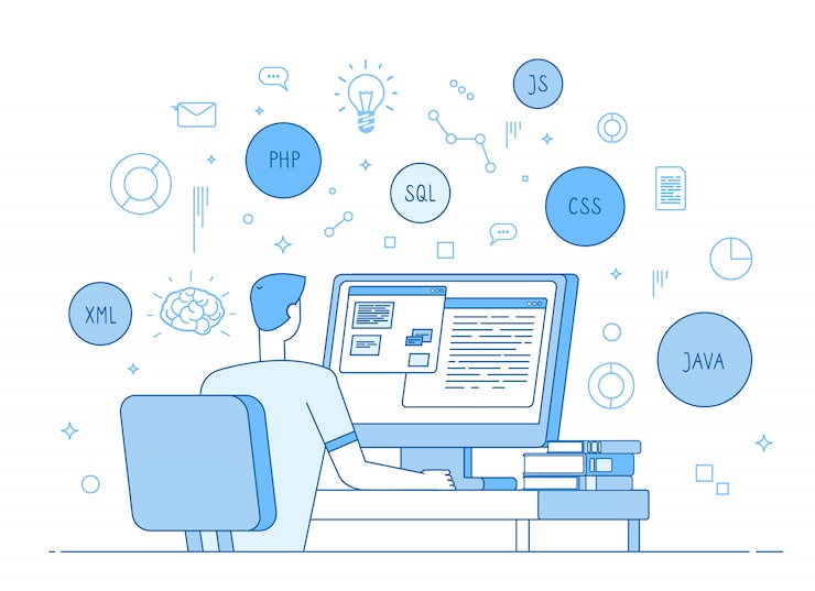 Vettore sito web di programmazione programmatore. il coder web er funziona su javascript, linguaggio di programmazione in codice php. concetto di sviluppo software