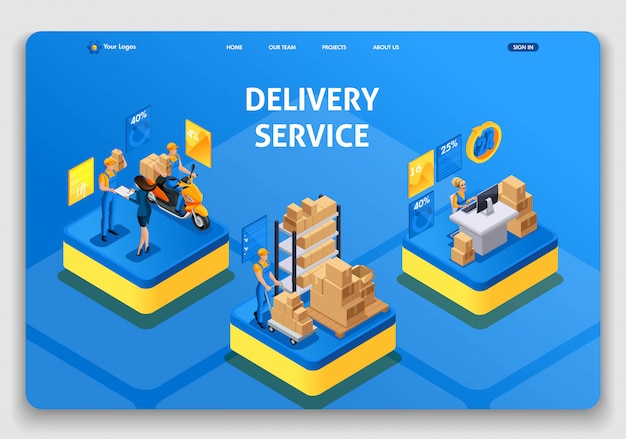 Sito Web modello. Concetto isometrico che funziona con il servizio di consegna. Consegna espressa, ordine online, call center. Facile da modificare e personalizzare uiux landing page
