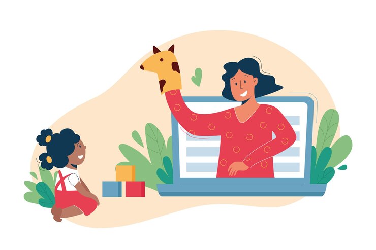 Sitter virtuale, servizio di babysitter online, concetto di insegnamento a distanza.