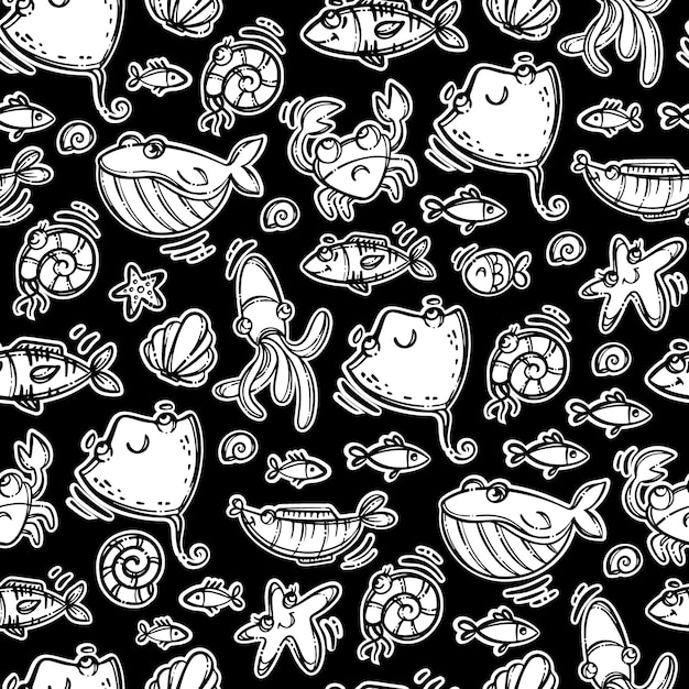 SKAT FRIENDS MONOCROMO tema nautico monocromatico disegnato a mano Cartoon Travel Seamless Pattern Underwater Animals Vector Illustration Stampa su tessuto e carta