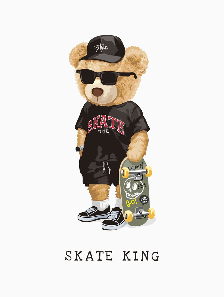 skate king slogan con orso giocattolo in maglietta e illustrazione di skateboard