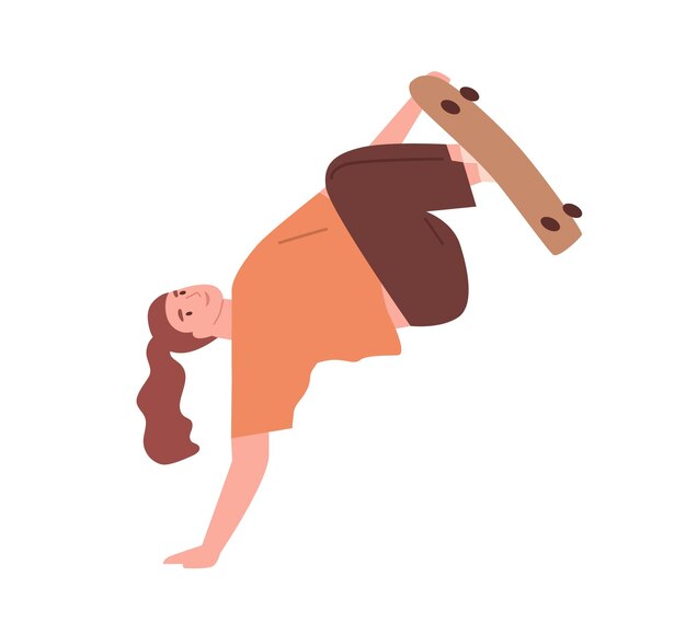 Skateboarder femminile che spinge via con la mano ed esegue un trucco difficile sullo skateboard. Giovane pattinatore con tavola lunga. Sport all'aria aperta d'estate. Illustrazione vettoriale piatta colorata isolata su bianco.