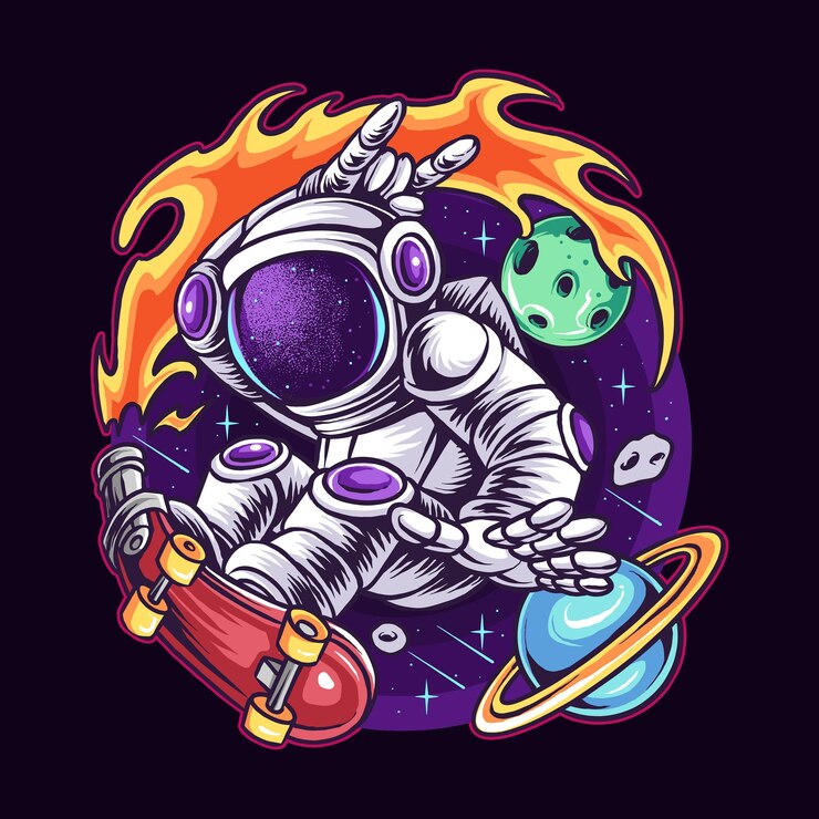 Vettore skateboarding astronauta nello spazio tra pianeti e stelle
