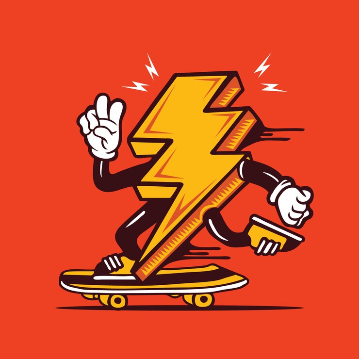 Vettore skater lighting bolt skateboarding character design