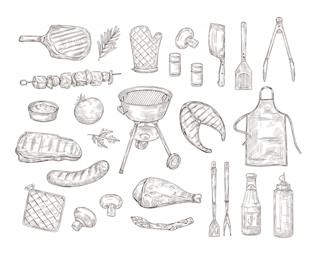 Sketch bbq. Barbeque doodle disegno griglia pollo salsa barbecue grigliato verdure fritte bistecca carne arrosto salsicce vintage