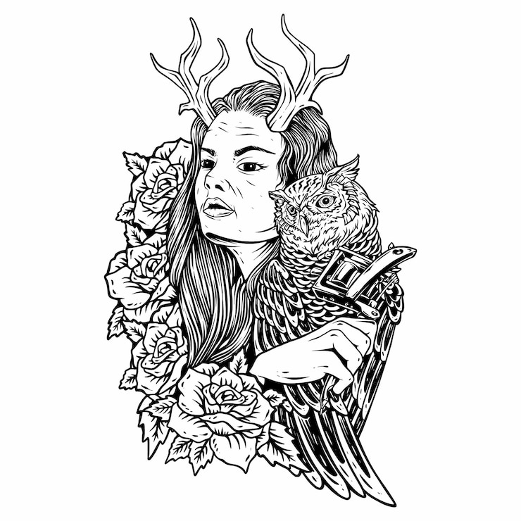 Vettore sketch_design_of_woman_holding_tattoo_machine_with_owl_and_rose_flower