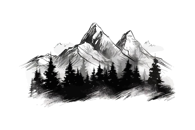 Sketch disegnato a mano di montagne e foreste Disegno illustrativo vettoriale