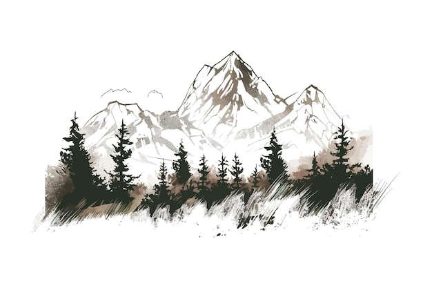Sketch disegnato a mano di montagne e foreste Disegno illustrativo vettoriale